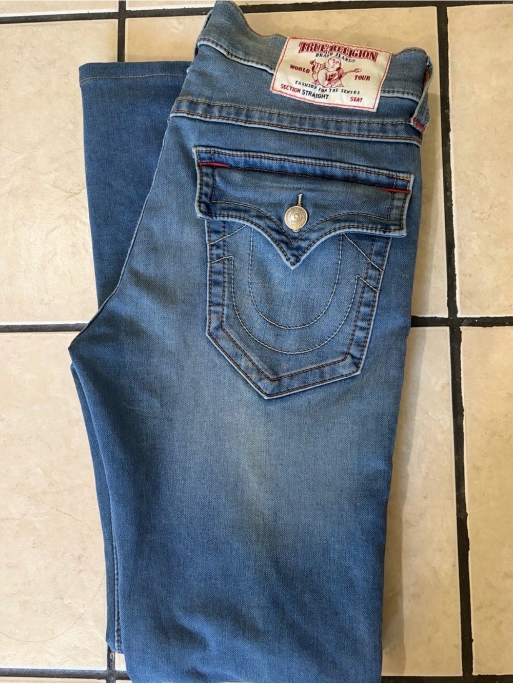 True Religion Mens Light Blue Straight Jeans - Classic Pocket Stitch